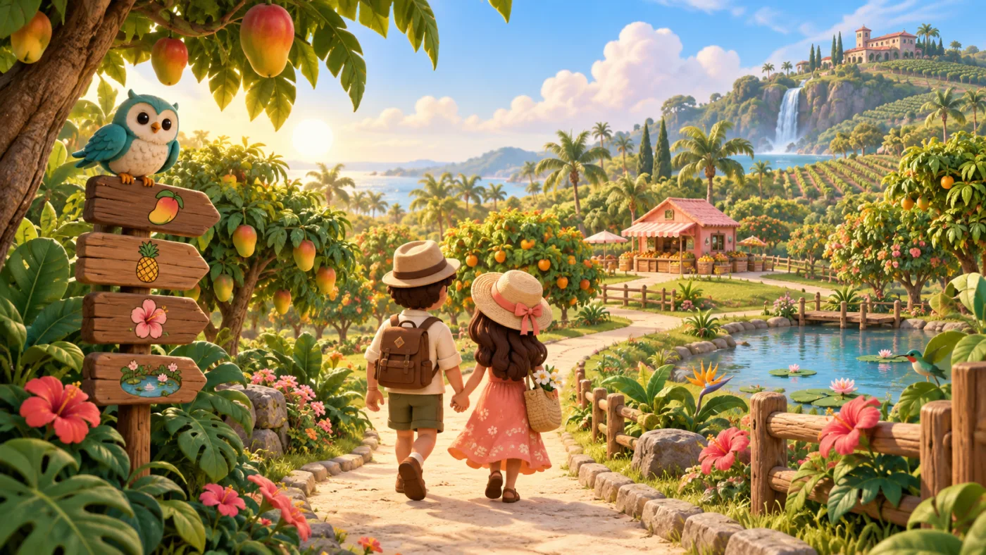 A dreamy tropical orchard with two people walking hand in hand