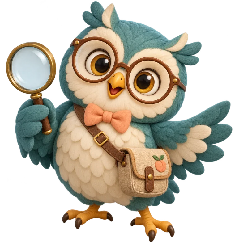 Pip, an original teal owl orchard guide with spectacles